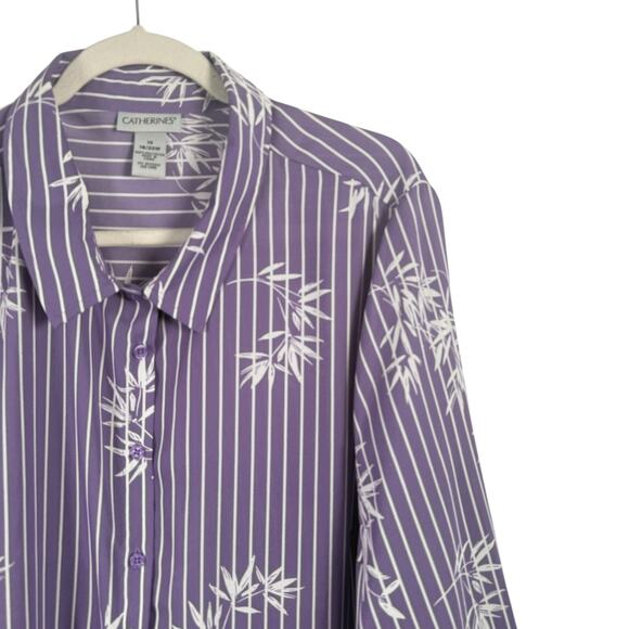 Catherines Purple Striped Floral Button Front Blouse Work Ofice Womens Plus 1x - Picture 2 of 5
